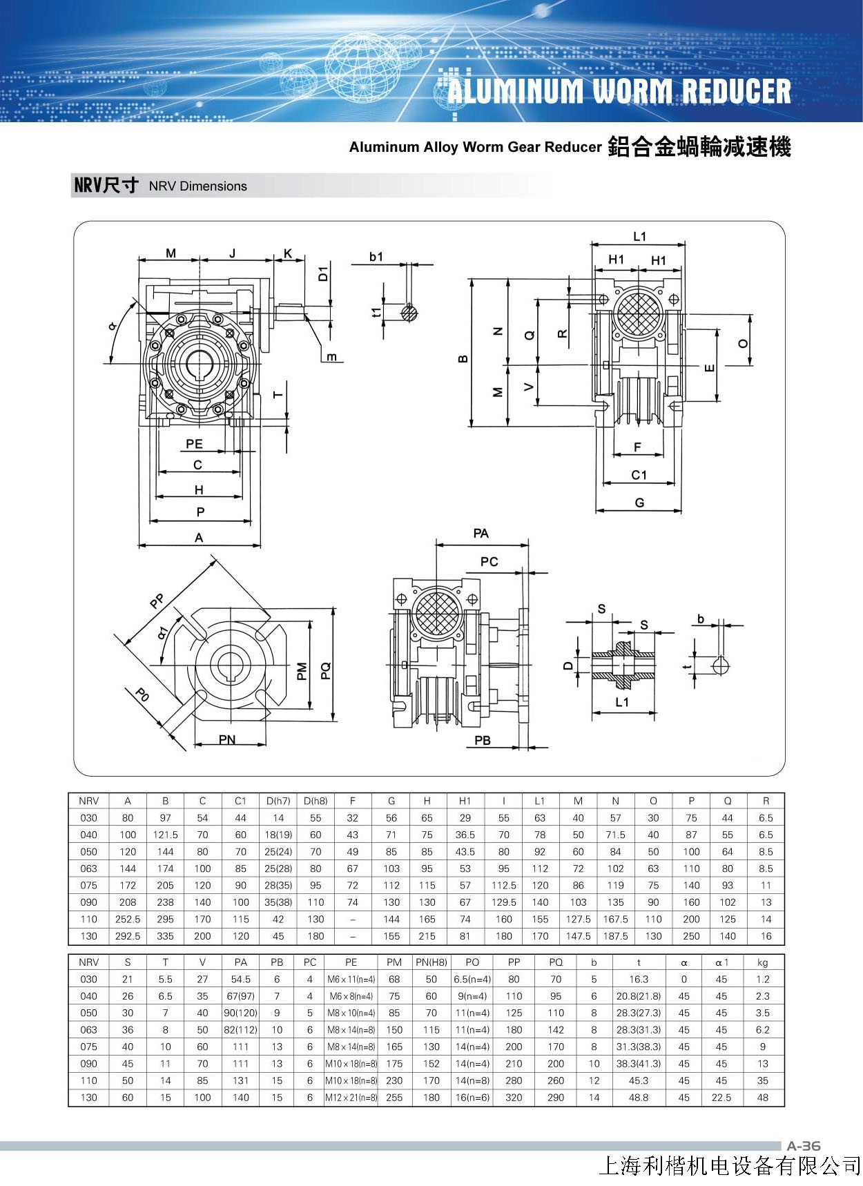 nrv蜗轮蜗杆减速机尺寸参数及其配用马达如下